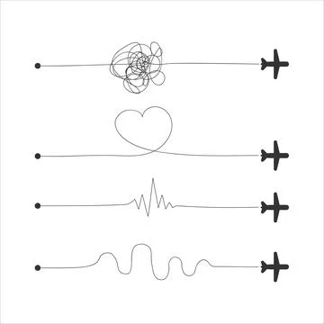 Set of 4 lines air route hand drawing of different design on white background Stock Illustration