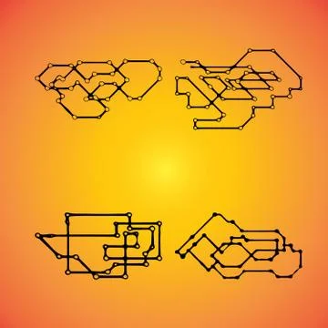 Set of 4 Mechanical schemes, vector engineering drawing with geometric part.. Illustrazione stock