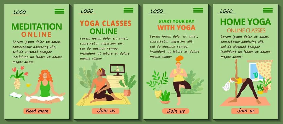 Set of 4 mobile app page templates. Mobile version of the Home yoga and pilates Stock Illustration