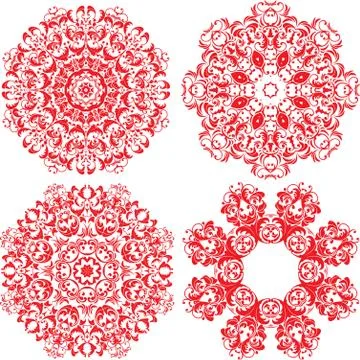 Set of 4 one color round ornaments, lace floral patterns Stock Illustration