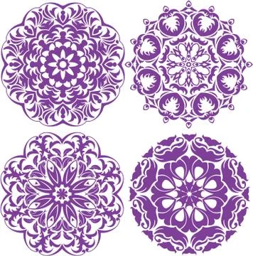 Set of 4 one color round ornaments, lace floral patterns Stock Illustration