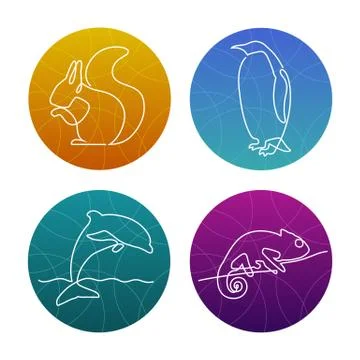 Set of 4 one line animals icons or logos. Squirrel, pinguin, dolphin, chameleon. Stock Illustration