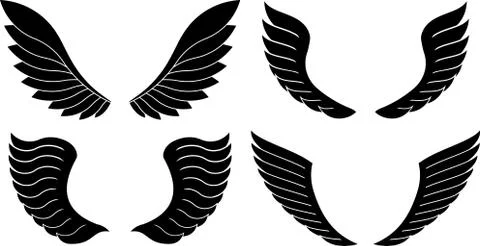Set of 4 pair of decorative vector wings isolated on white. Stockillustratie