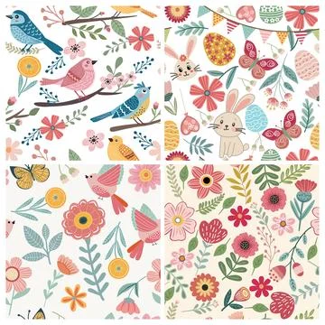 Set of 4 pattern with cute decorative spring elements Stock Illustration