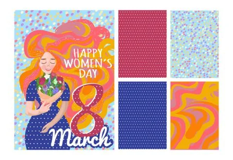 Set of 4 patterns and International Women's Day banner, placard or greeting c Stock Illustration