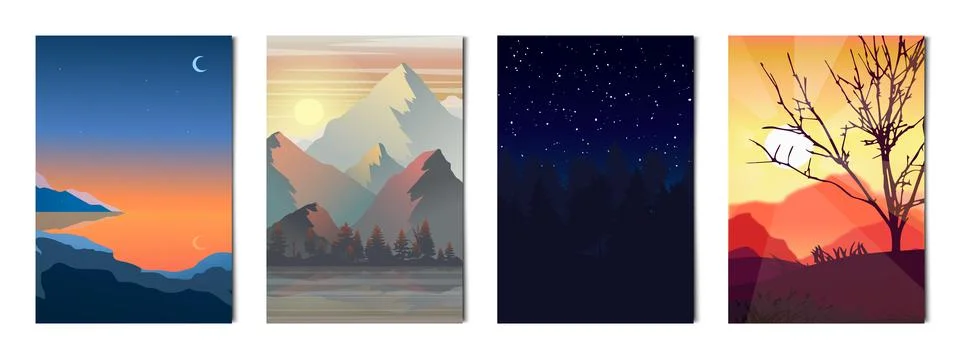 Set of 4 pcs different vertical backgrounds landscapes - Vector Stock Illustration