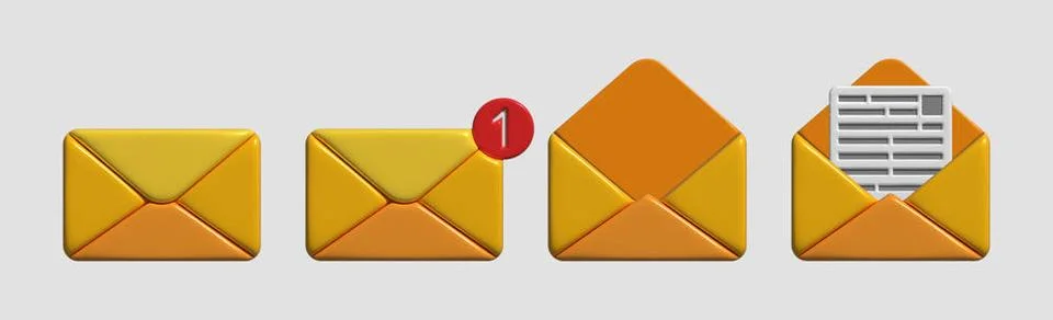 Set of 4 pcs orange voluminous envelopes letter message - 3d illustration ... Stock Photos