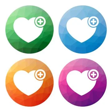 Set of 4 polygonal buttons for heart with plus sign - add to wishlist, favo.. Stock Illustration