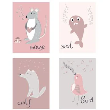 Set of 4 posters mouse, seal, wolf and bird , vector illustration Stock Illustration
