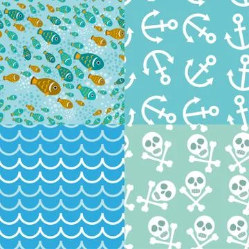 Set of 4 seamless batskground in marine style. anchor. skeleton. Stock Illustration