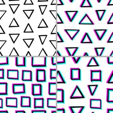 Set of 4 seamless decorative pattern with hand drawn geometry shapes. 3d Stock Illustration