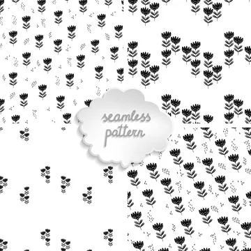 Set of 4 seamless floral patterns based on traditional folk art ornaments. Black Stock Illustration