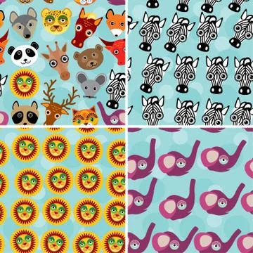 Set 4 Seamless pattern with funny cute animal face Illustrazione stock