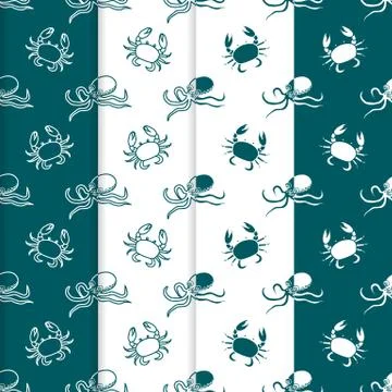 Set of 4 seamless pattern. Octopuses and crabs. Illustrazione stock