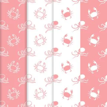 Set of 4 seamless pattern. Octopuses and crabs. Stockillustratie