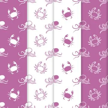 Set of 4 seamless pattern. Octopuses and crabs. Stockillustratie