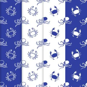 Set of 4 seamless pattern. Octopuses and crabs. イラスト素材