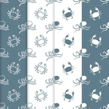 Set of 4 seamless pattern. Octopuses and crabs. Stockillustratie