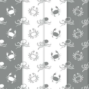 Set of 4 seamless pattern. Octopuses and crabs. Illustrazione stock