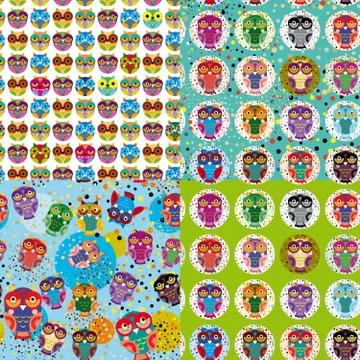 Set of 4 seamless pattern with owls. vector Stock Illustration
