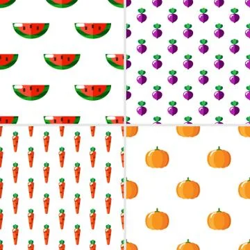 Set of 4 seamless pattern on white background with fruits and vegetables. Stock-Illustration