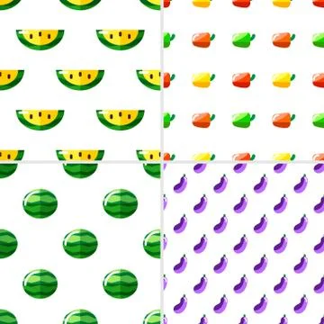 Set of 4 seamless pattern on white background with fruits and vegetables. Stock Illustration