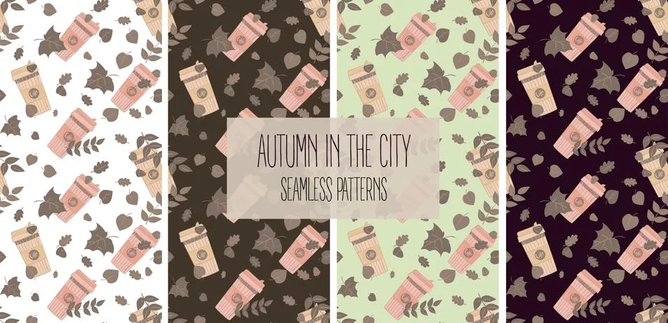 Set of 4 seamless patterns. Coffee cups and leaves Stock Illustration