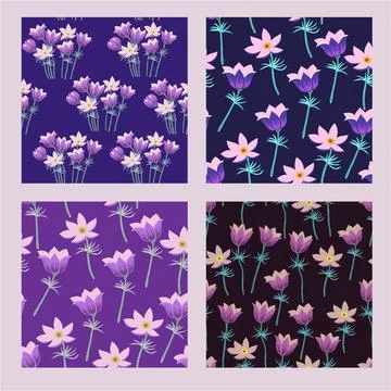 Set of 4 seamless patterns with pasque, pulsatilla flowers for fabric Stock Illustration