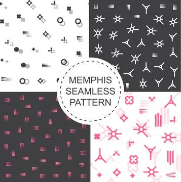 Set of 4 seamless patterns in pink black and white colors with geometric Stock Illustration