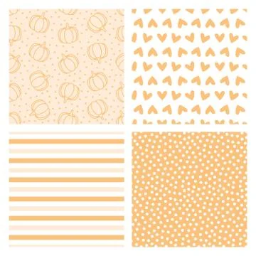 Set of 4 seamless patterns with pumpkins, hearts, stripes and dots Stock Illustration