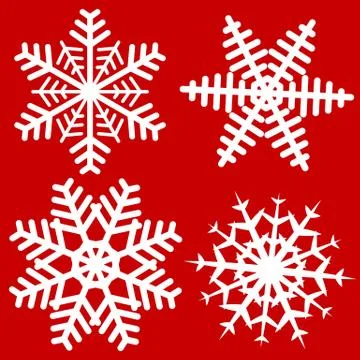 Set of 4 Simple Isolated Snowflake on Red Background. Vector Design Elements  스톡 일러스트