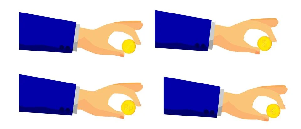 Set 4 Simple Vector Man Hand Holding Blank, Rupiah, Dollar, Euro Golden Coin, Stock Illustration