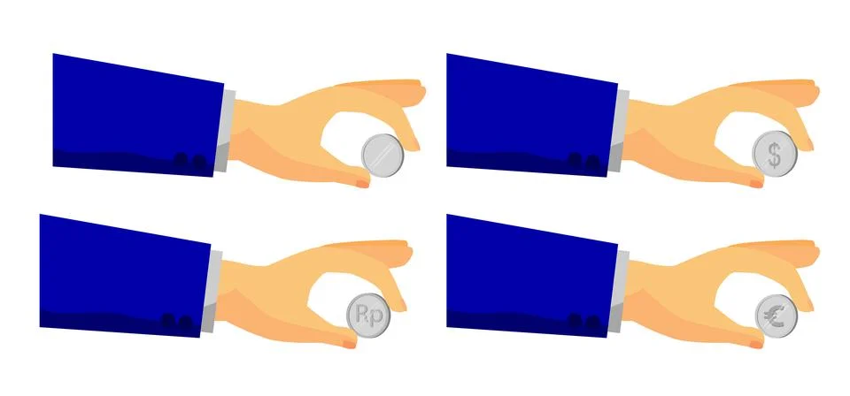 Set 4 Simple Vector Man Hand Holding Silver Blank, Rupiah, Dollar, Euro Golde Stock Illustration