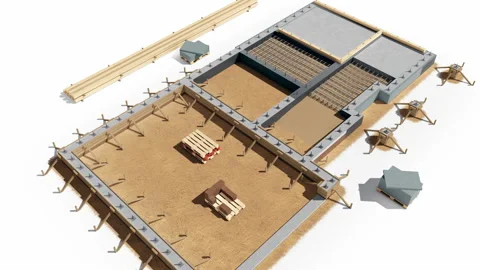 Set 4, Stage 1 of 7.Creating basement and wood frame structure of building. 動画素材 113168305