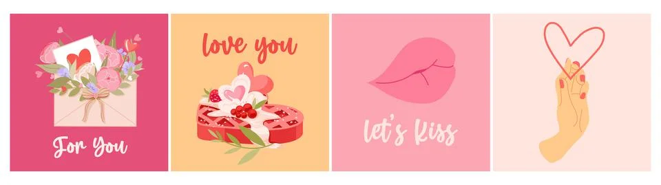 Set of 4 Valentines day vector cards. Cute elements in pink colors with text Illustrazione stock