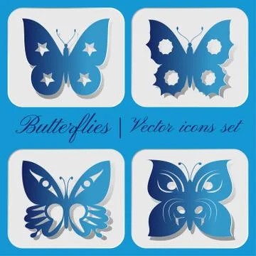 Set of 4 vector icons carved butterfly on a gray background. Stock Illustration