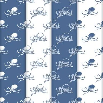 Set of 4 vector seamless pattern with octopuses. イラスト素材