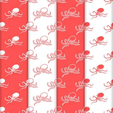 Set of 4 vector seamless pattern with octopuses. イラスト素材