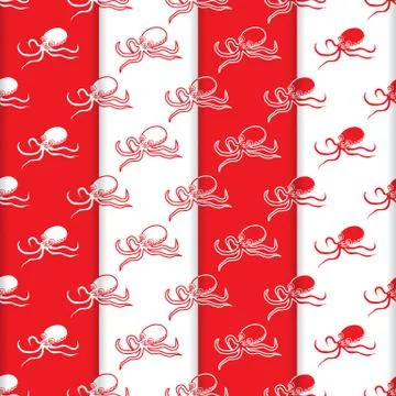 Set of 4 vector seamless pattern with octopuses. Illustrazione stock