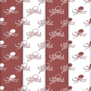 Set of 4 vector seamless pattern with octopuses. Illustrazione stock