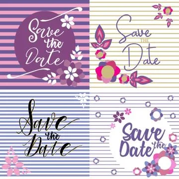 Set of 4 vector striped invitation card templates decorated with floral eleme Stock Illustration