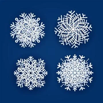 Set of 4 white gradient Christmas 3d snowflakes with shadow on dark blue back Stock Illustration