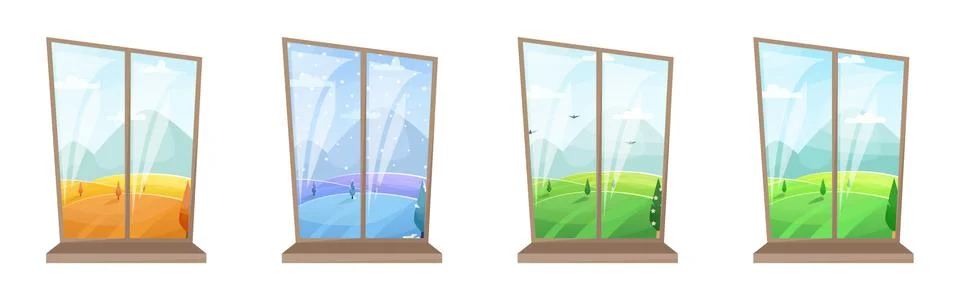 Set of 4 windows with different seasons. Cozy interiors. Summer, autumn, wint Ilustración de archivo