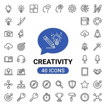 Set of 40 creativity and innovation icons, including light bulbs, gears, br.. Ilustración de archivo