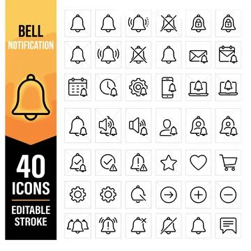 Set of 40 editable stroke notification bell icons for UI design, including .. Stock Illustration