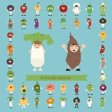 Set of 40 vegetable costume characters Stock Illustration