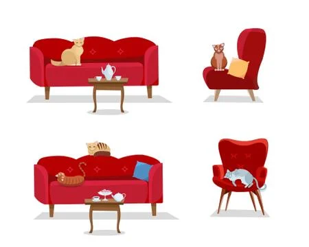 Set - 5 cats sit on red comfortable sofas and soft designer armchairs on whit Illustrazione stock