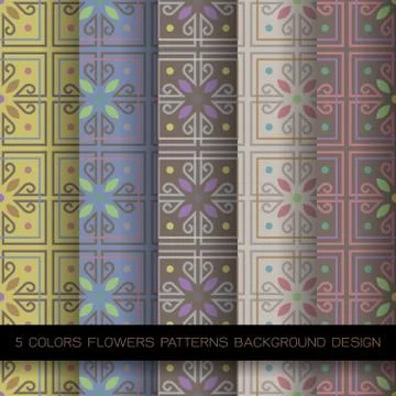 Set of 5 colors patterns with flowers and abstract decorative elements design Stock Illustration