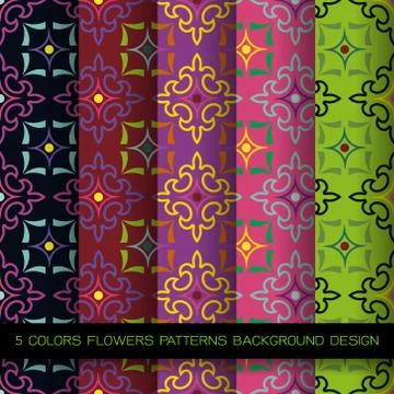 Set of 5 colors patterns with flowers Stock Illustration