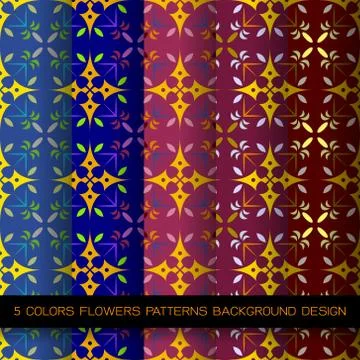 Set of 5 colors patterns with flowers and abstract decorative elements design Stock Illustration